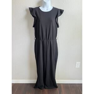 New BTFBM Black Ruffle Sleeve Jumpsuit Women's L Stretch Straight Leg Belted